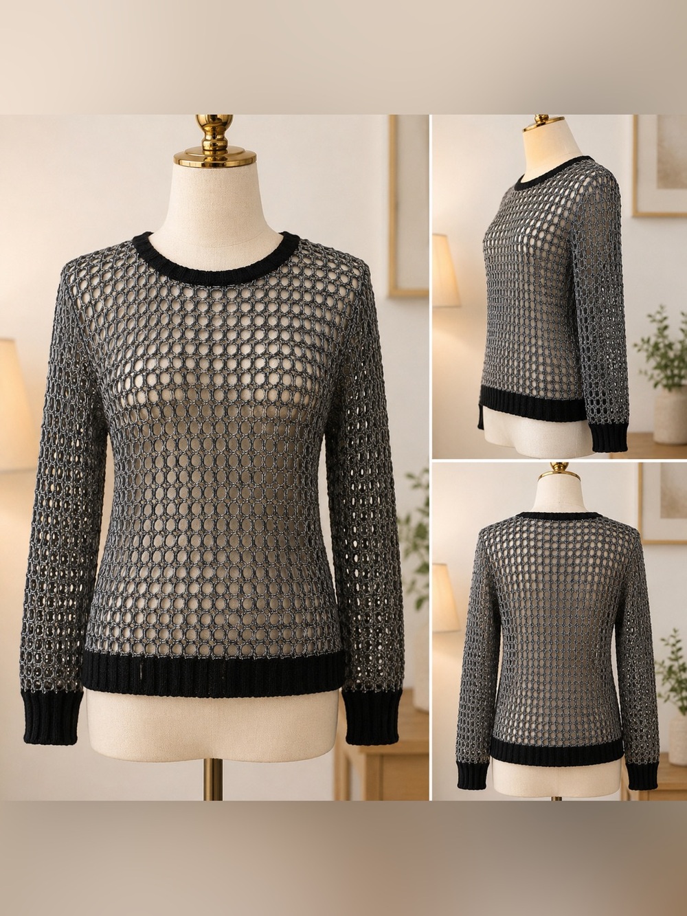 Metallic Silver Black Open Knit Mesh Sweater Long Sleeve Y2K Size 4
